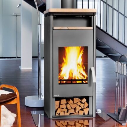 Wamsler Orpheus Kaminofen mit Warmhaltefach Stahl Grau / Sandstein 8 kW